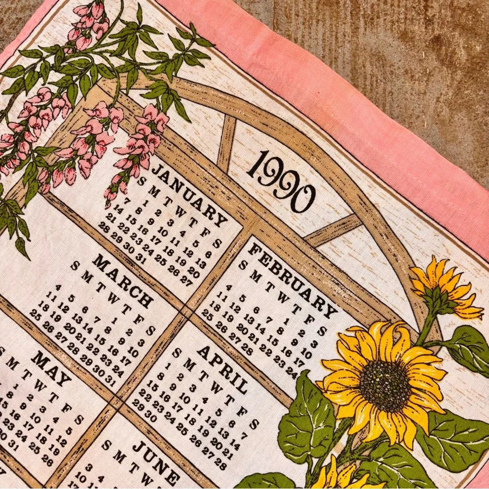 Vintage 1990 calendar months of the year tea towel pink border